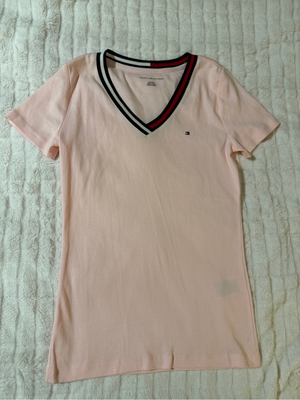 Tommy Hilfiger Light Pink V-Neck Short Sleeve Tee with Contrast Trim-XS